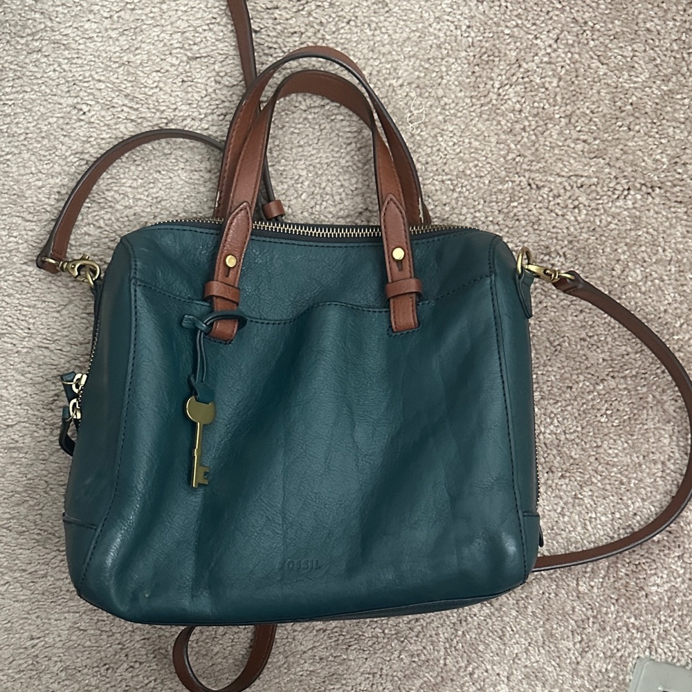 Fossil Teal Leather Satchel with Brown Handles and Key Charm